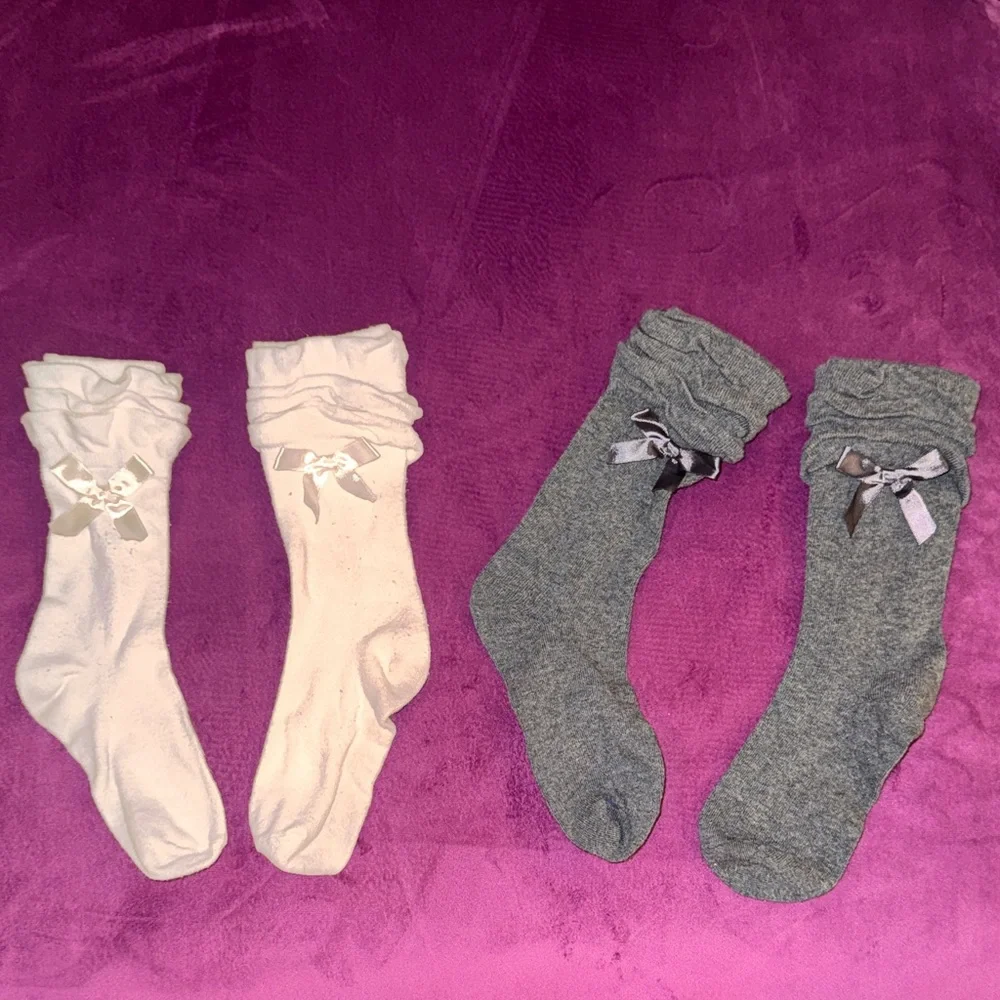 Set of 2 Kids Ruffle Socks with Bows Little Girls Ivory Cream & Gray Charcoal